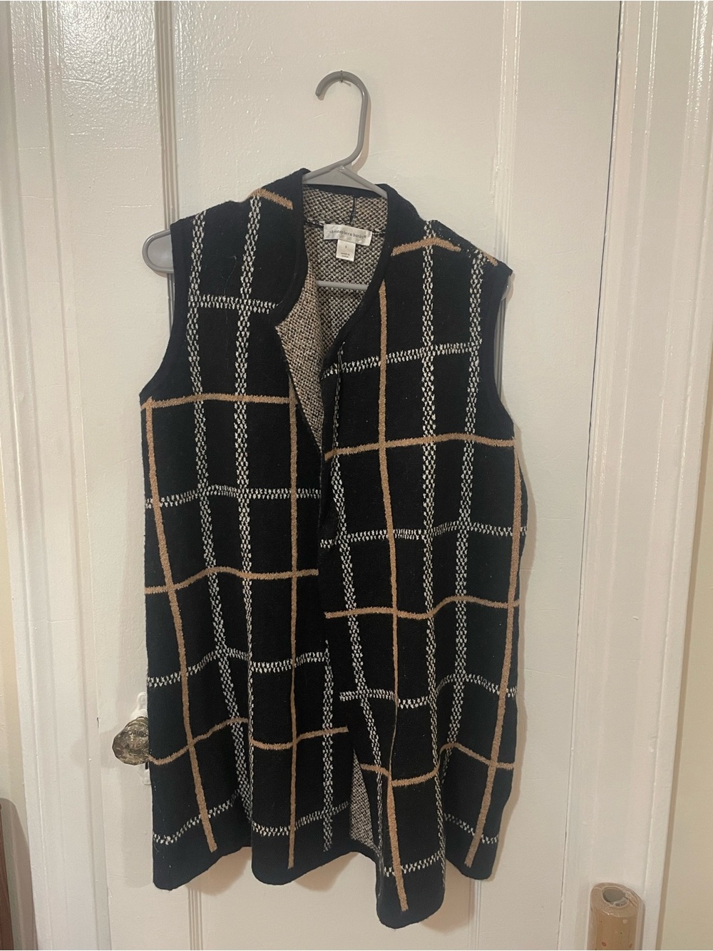 Christopher & Banks Black Windowpane Knit Vest with Tan Accents